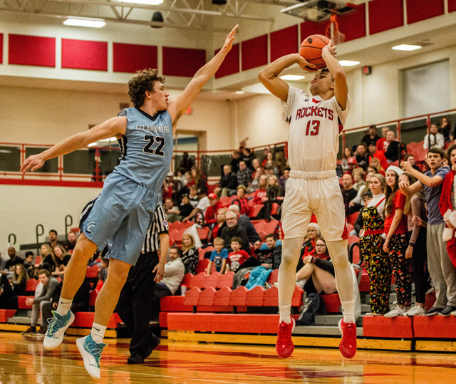 Koby Campbell shoots a jumper over a Clearwater defender on December 20. One game later against El Dorado, Campbell reached 1,000 career points.