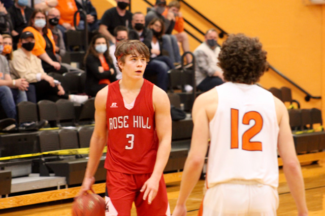 Senior Spencer Nolan looks to initiate the offense in the 4A quarterfinal game against Augusta. The Rockets fell to the Orioles 58-54 and finished the season 15-6.
